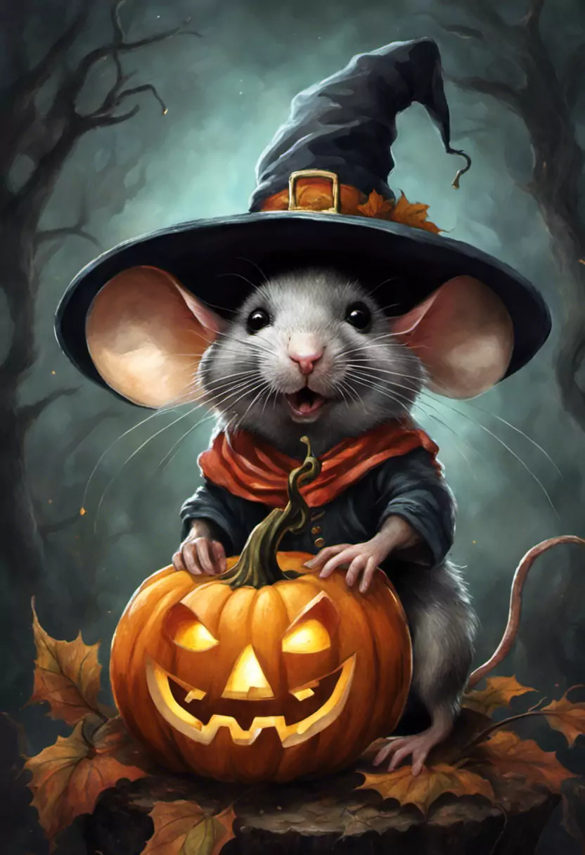 A Mouse In A Witches Hat Sitting On A Pumpkin