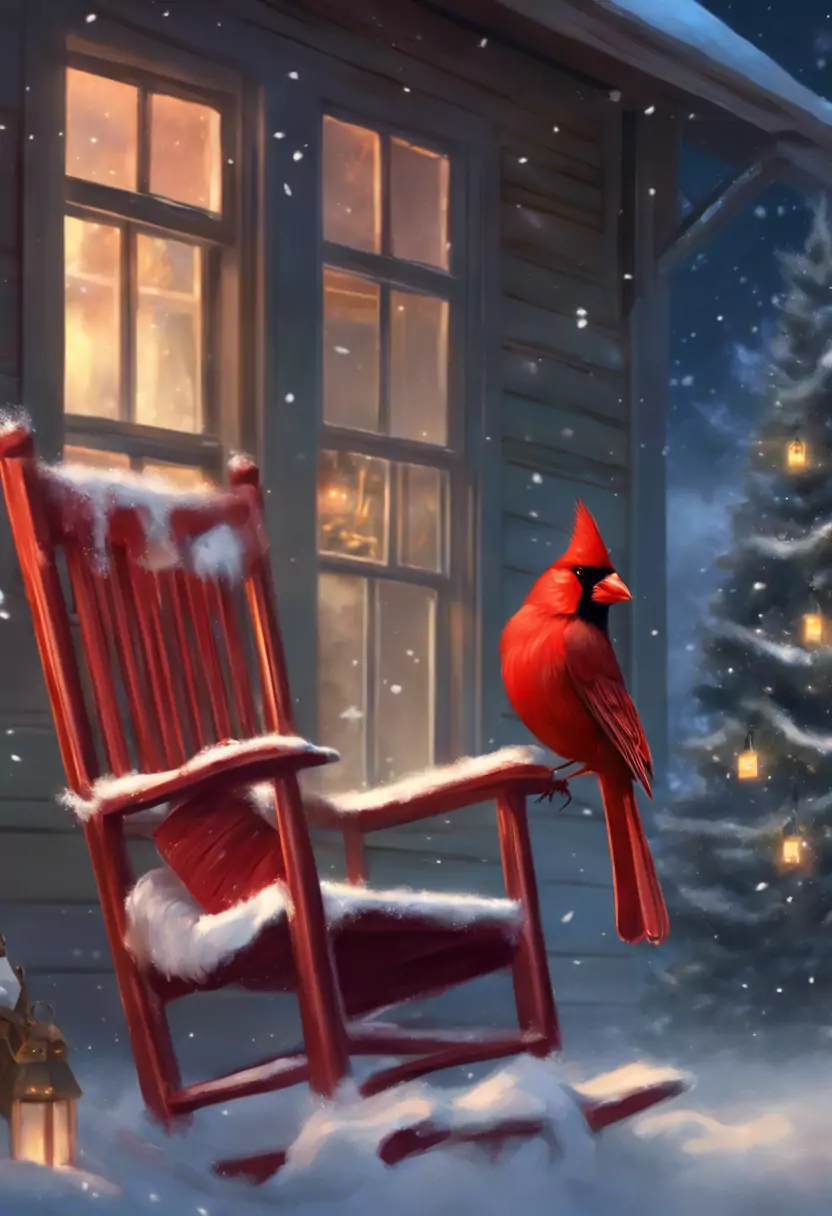 A Red Rocking Chair With A Cardinal Sitting On Top Of It