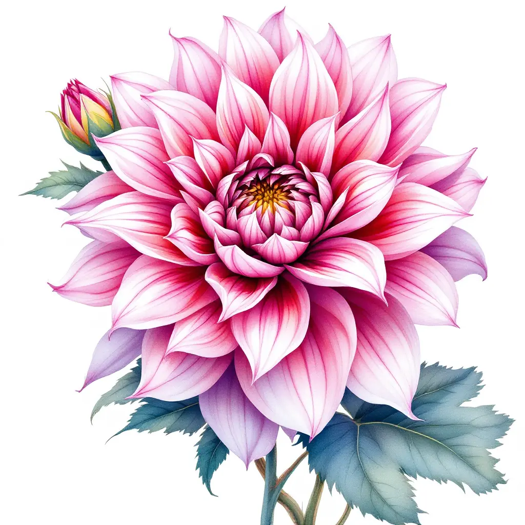 a pink flower with green leaves on a white background
