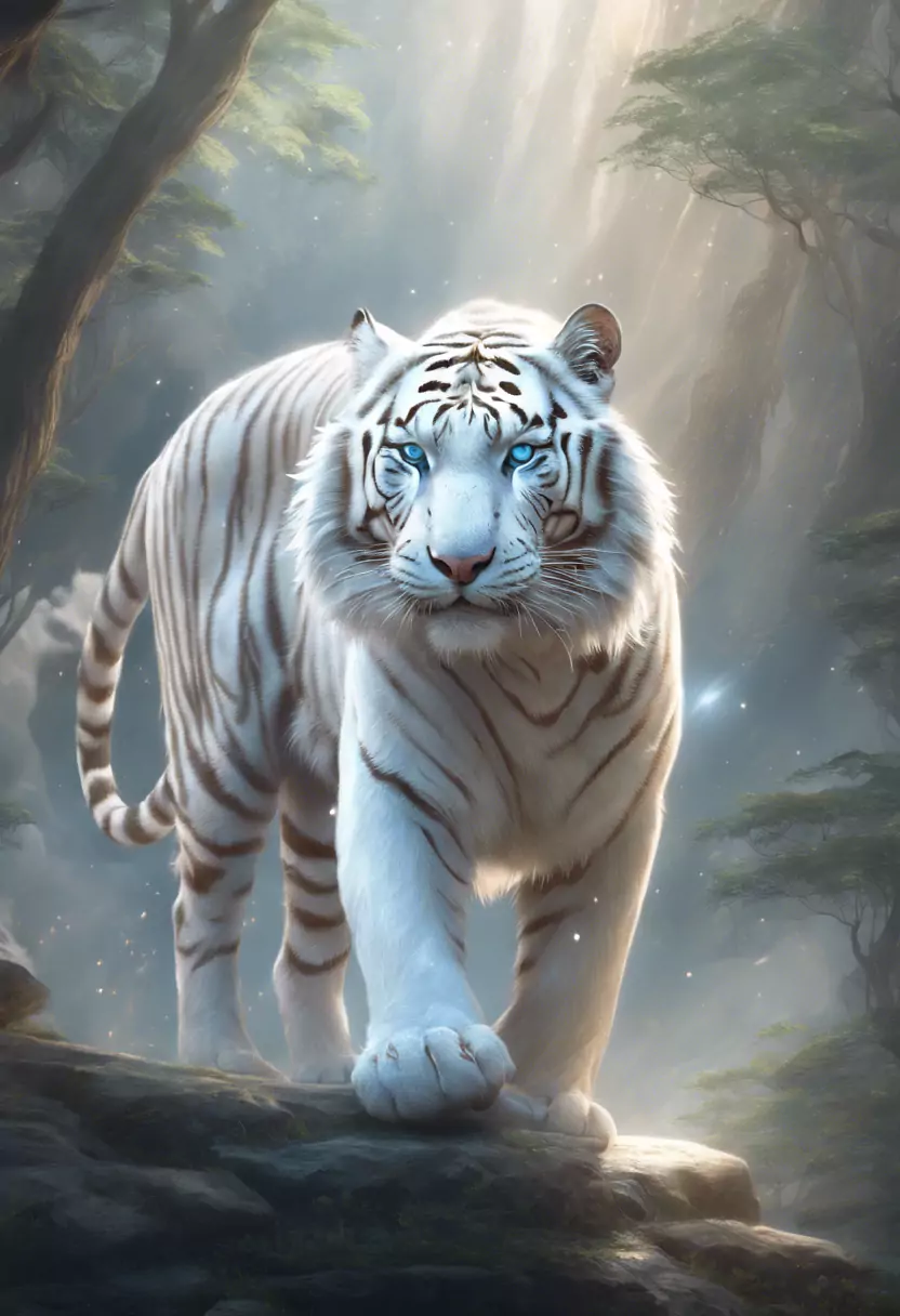 A White Tiger With Blue Eyes Walking Through A Forest