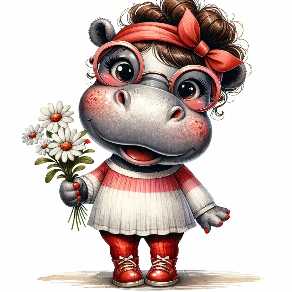 A Cartoon Hippo Holding A Bouquet Of Daisies