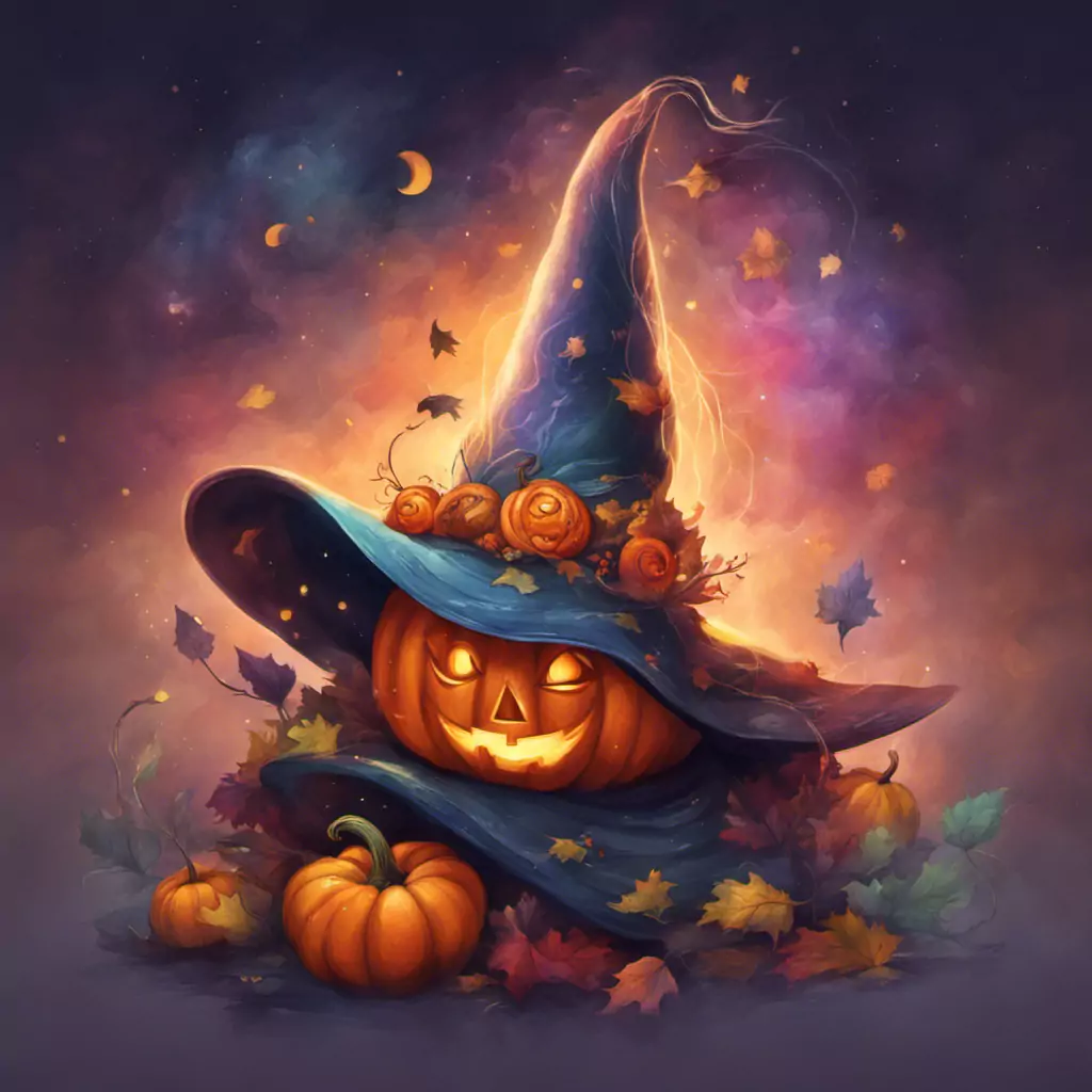 A Painting Of A Pumpkin Wearing A Witches Hat