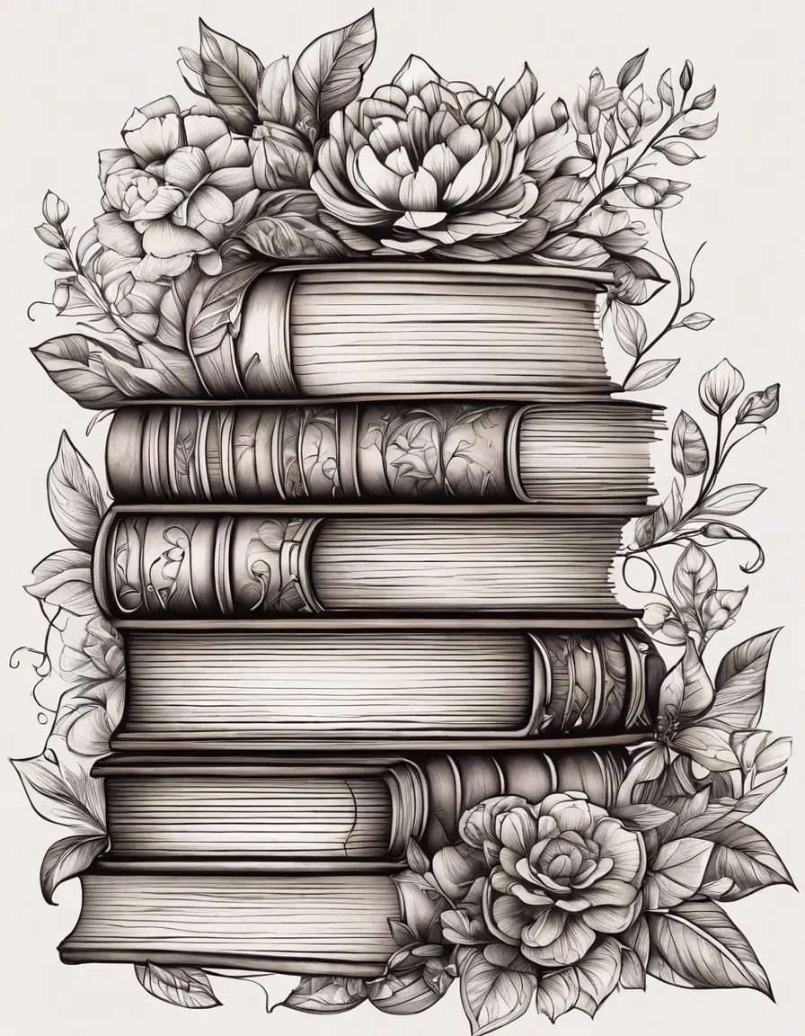 A Drawing Of A Stack Of Books With Flowers