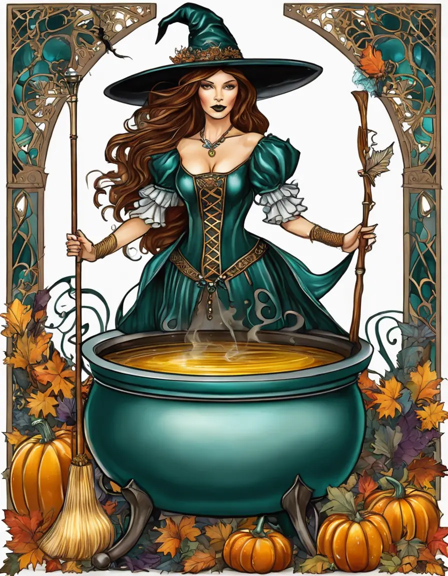 A Woman Dressed As A Witch Stirring A Pot Of Pumpkins