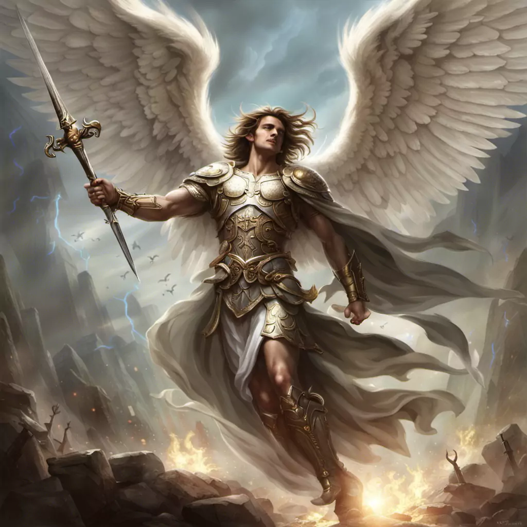 A Painting Of An Angel Holding A Sword
