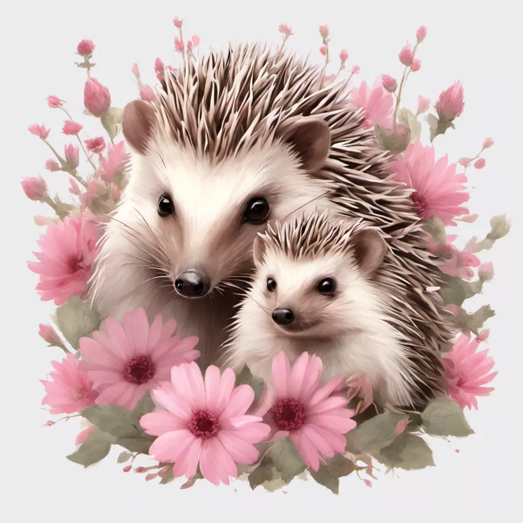 Two Hedgehogs Surrounded By Pink Flowers On A White Background