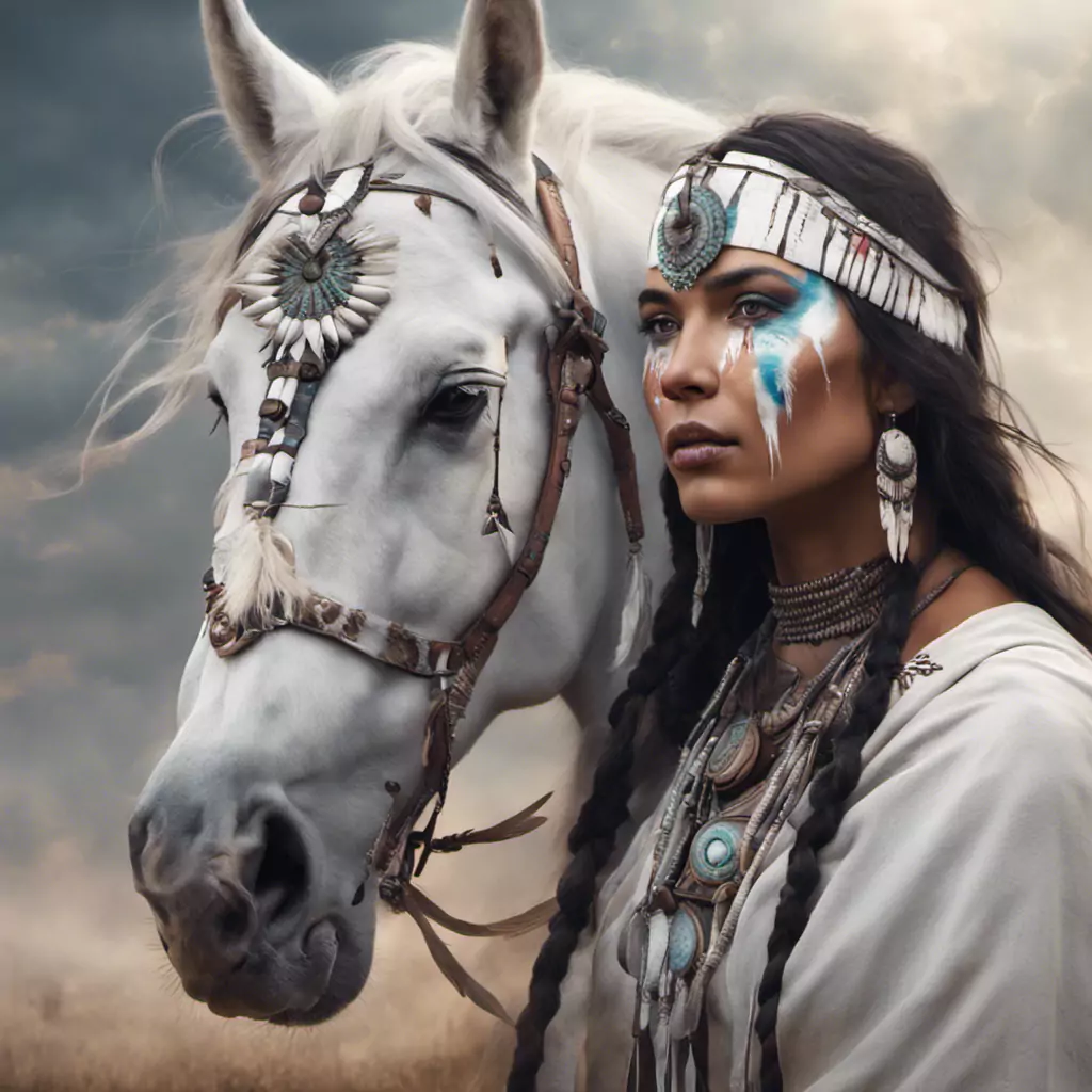 A Native American Woman Standing Next To A White Horse