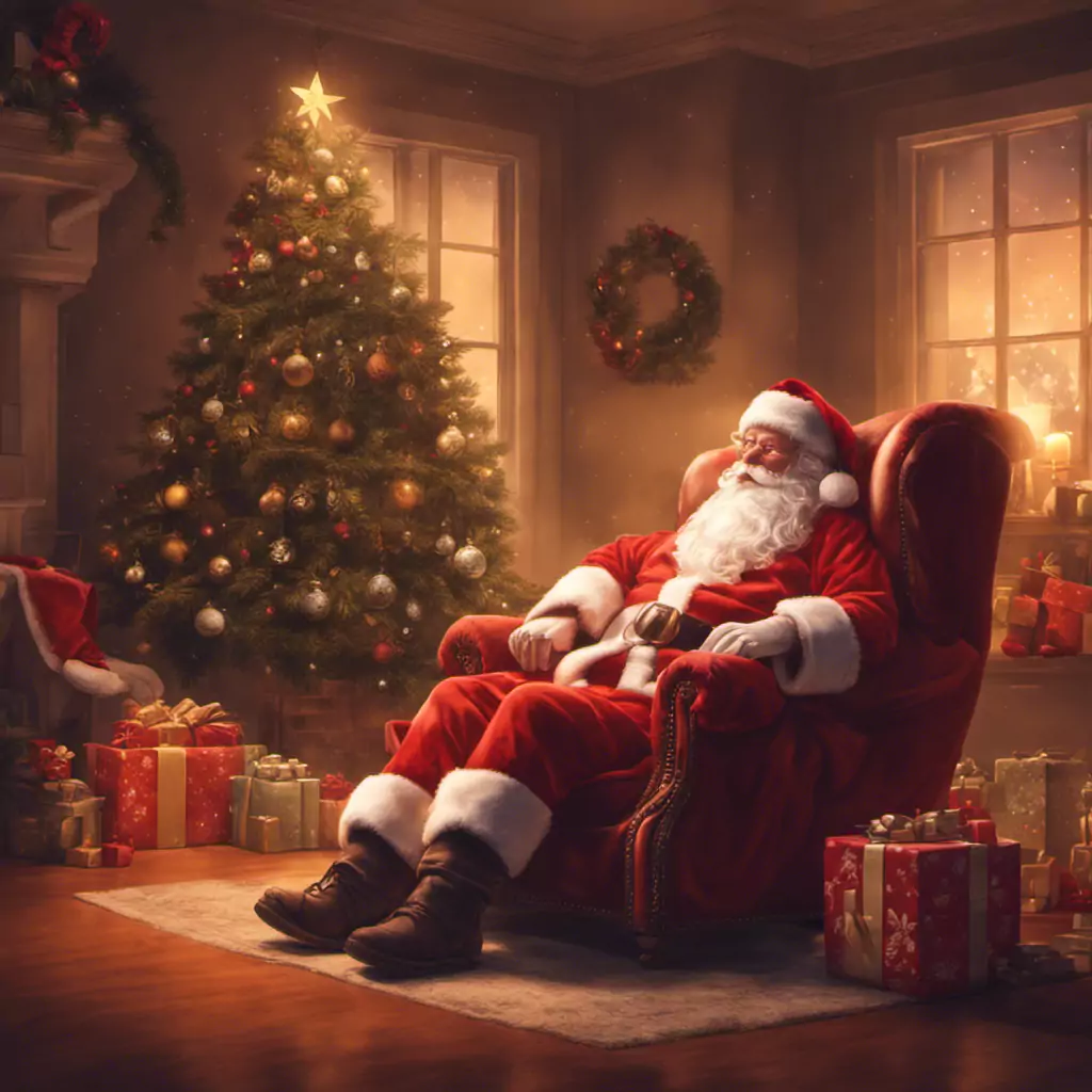 A Painting Of A Santa Claus Sitting In A Chair In Front Of A Christmas Tree