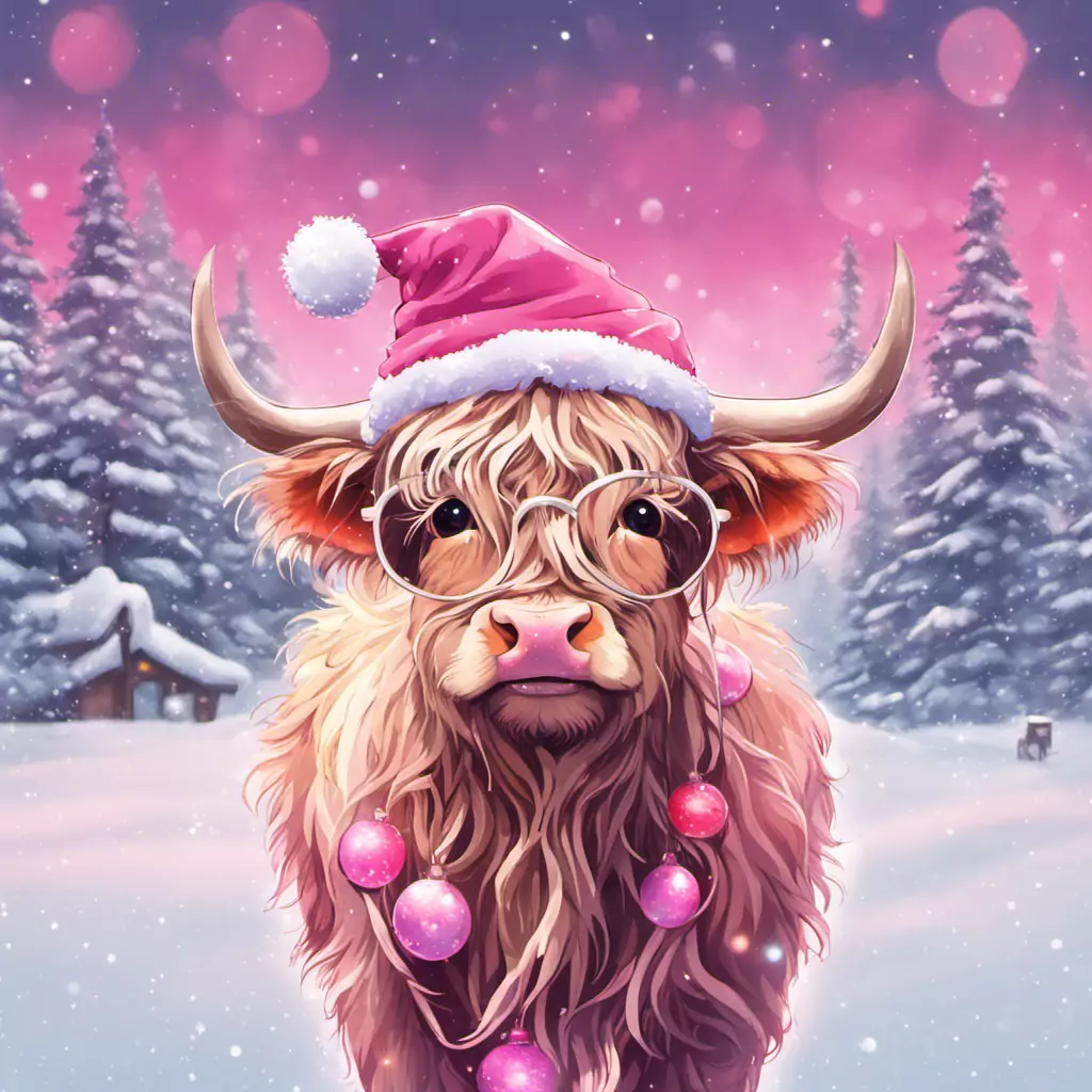 A Painting Of A Cow Wearing A Santa Hat And Glasses