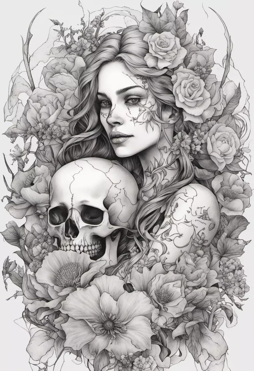 A Drawing Of A Woman Holding A Skull