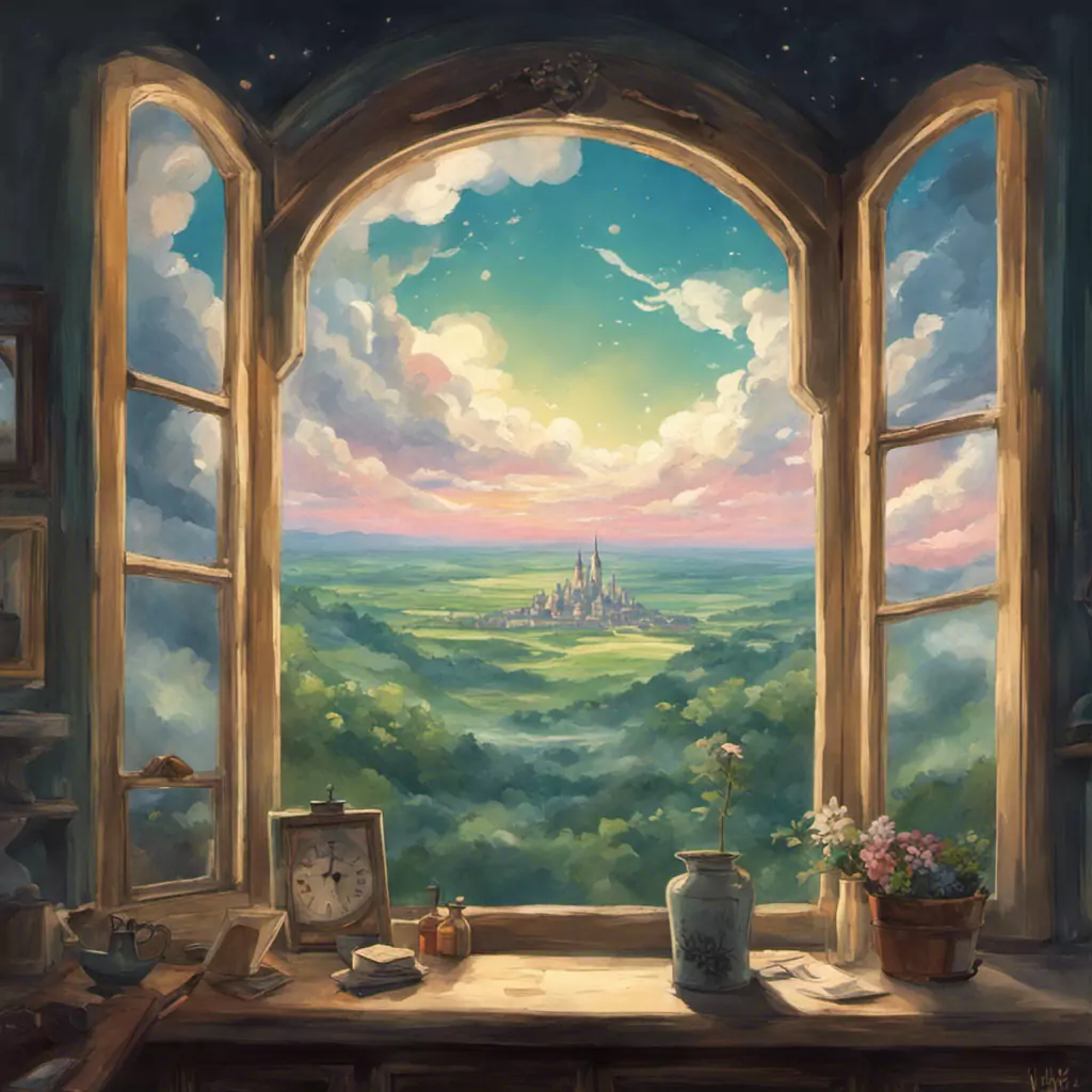 A Painting Of A Window With A View Of A Castle