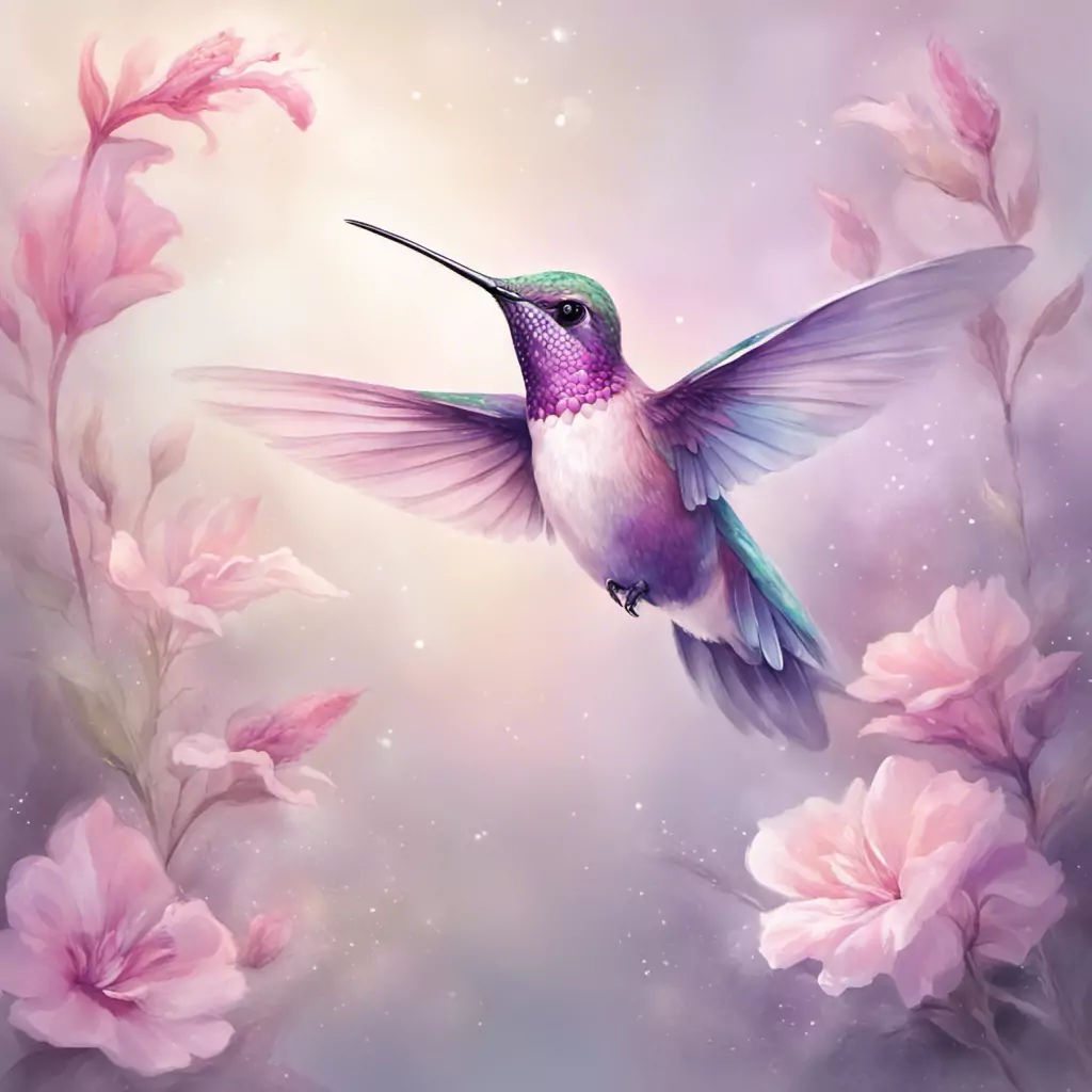 A Painting Of A Hummingbird Flying Over Pink Flowers