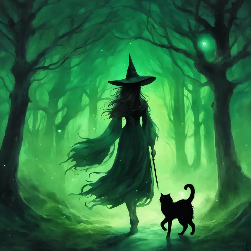 A Witch Walking Through A Forest With A Cat
