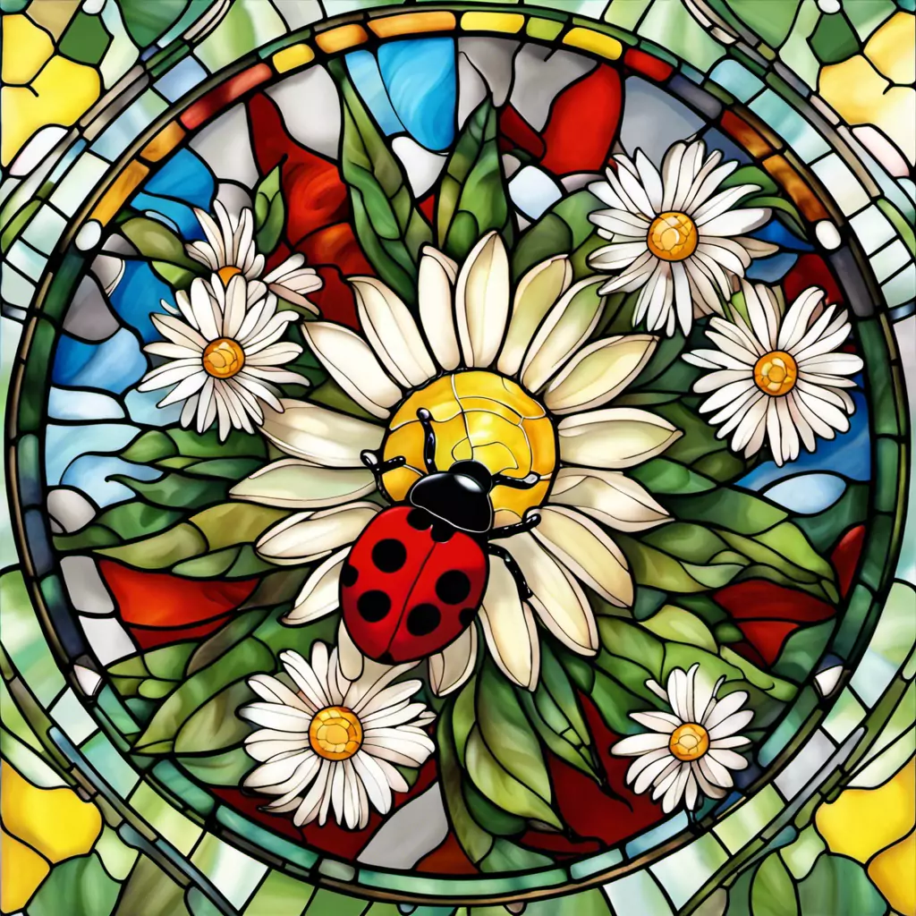A Stained Glass Window With A Ladybug And Daisies