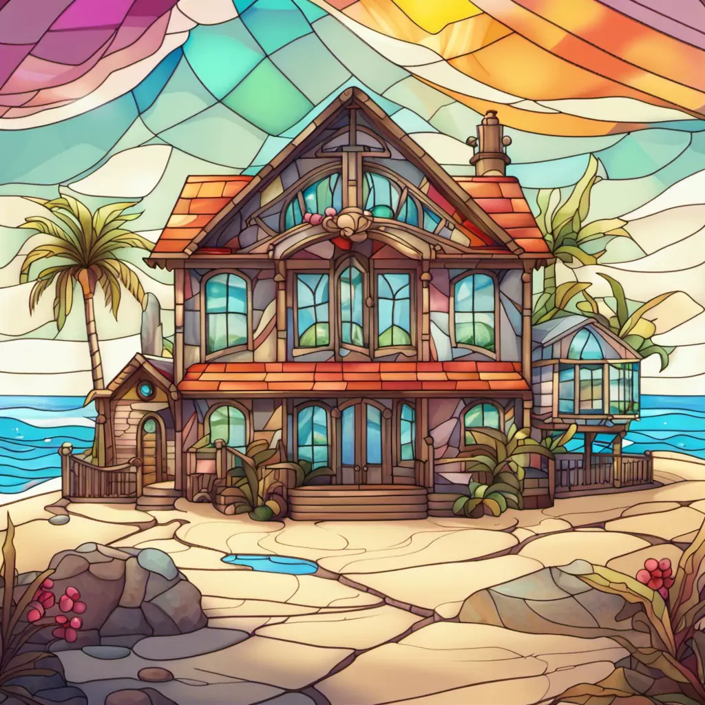 A Stained Glass Window With A House On The Beach