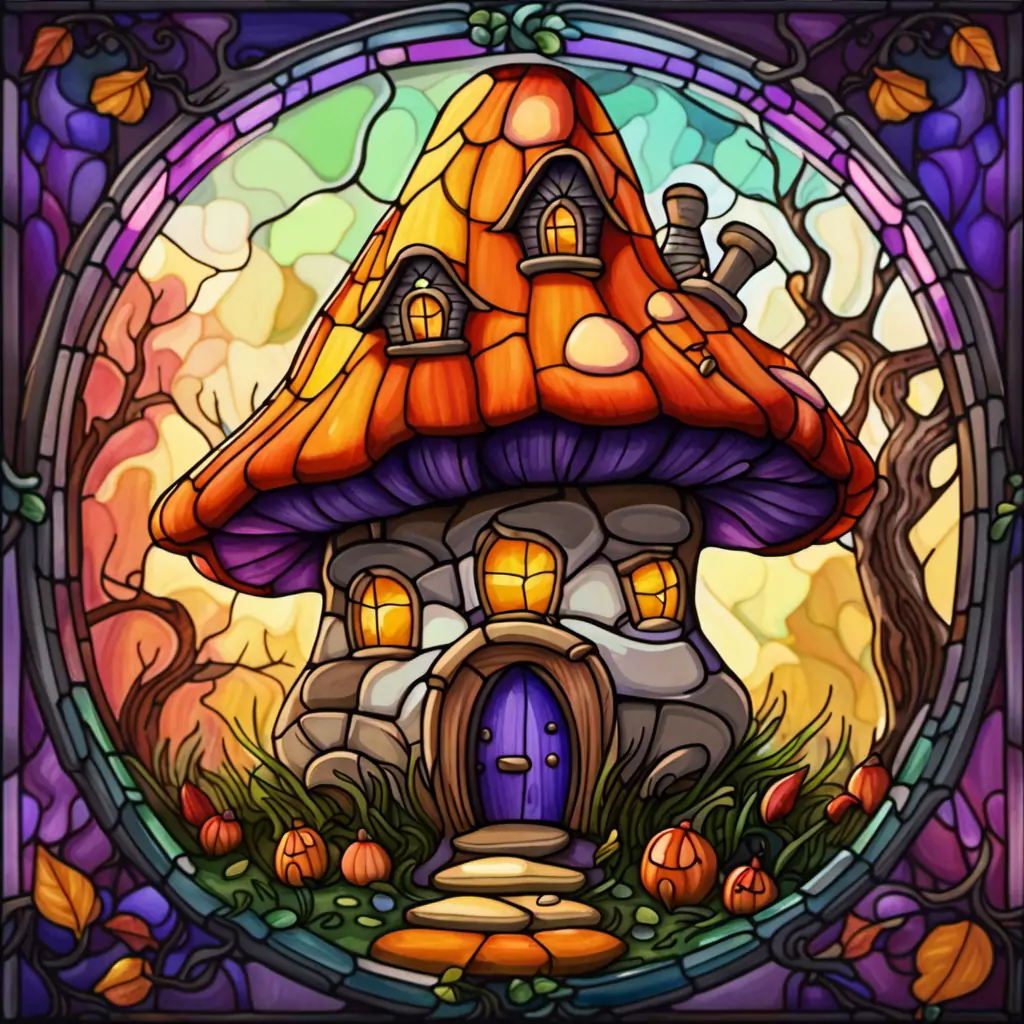 A Stained Glass Picture Of A Mushroom House