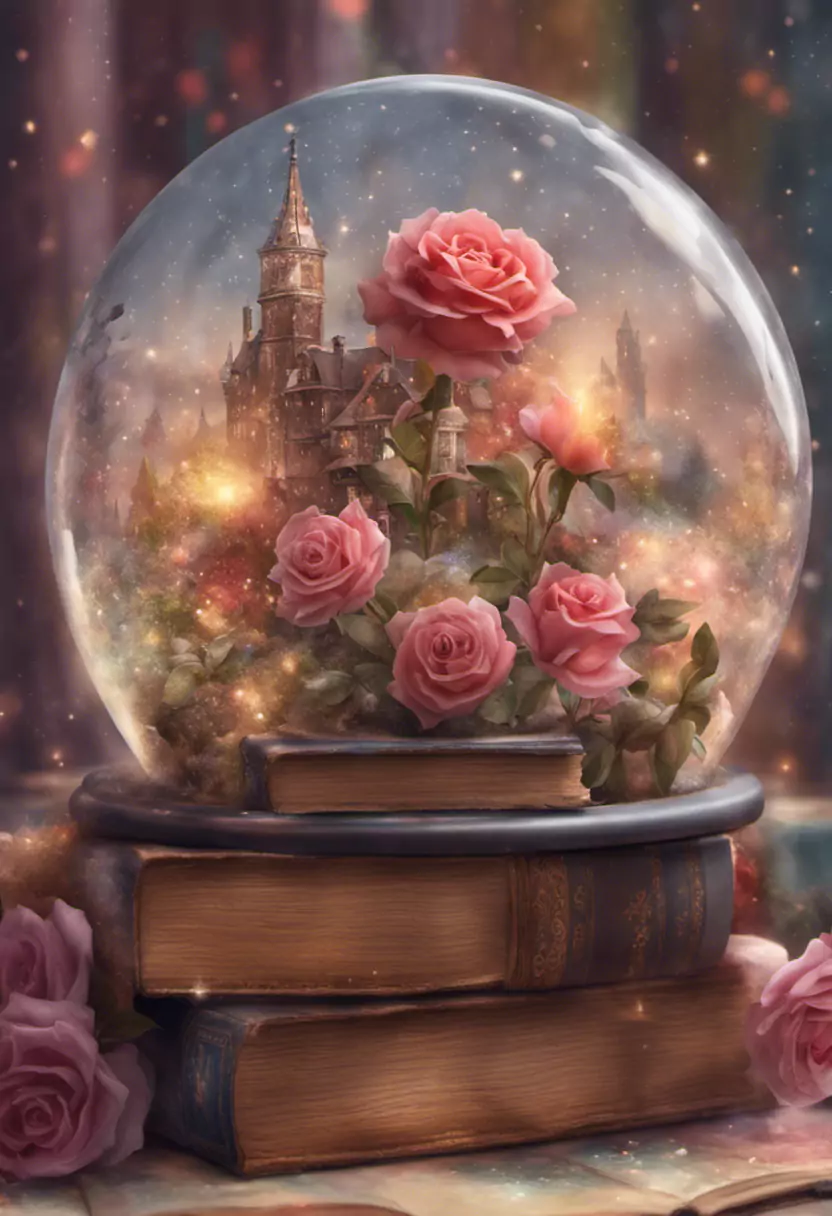 A Snow Globe Filled With Pink Roses On Top Of A Pile Of Books