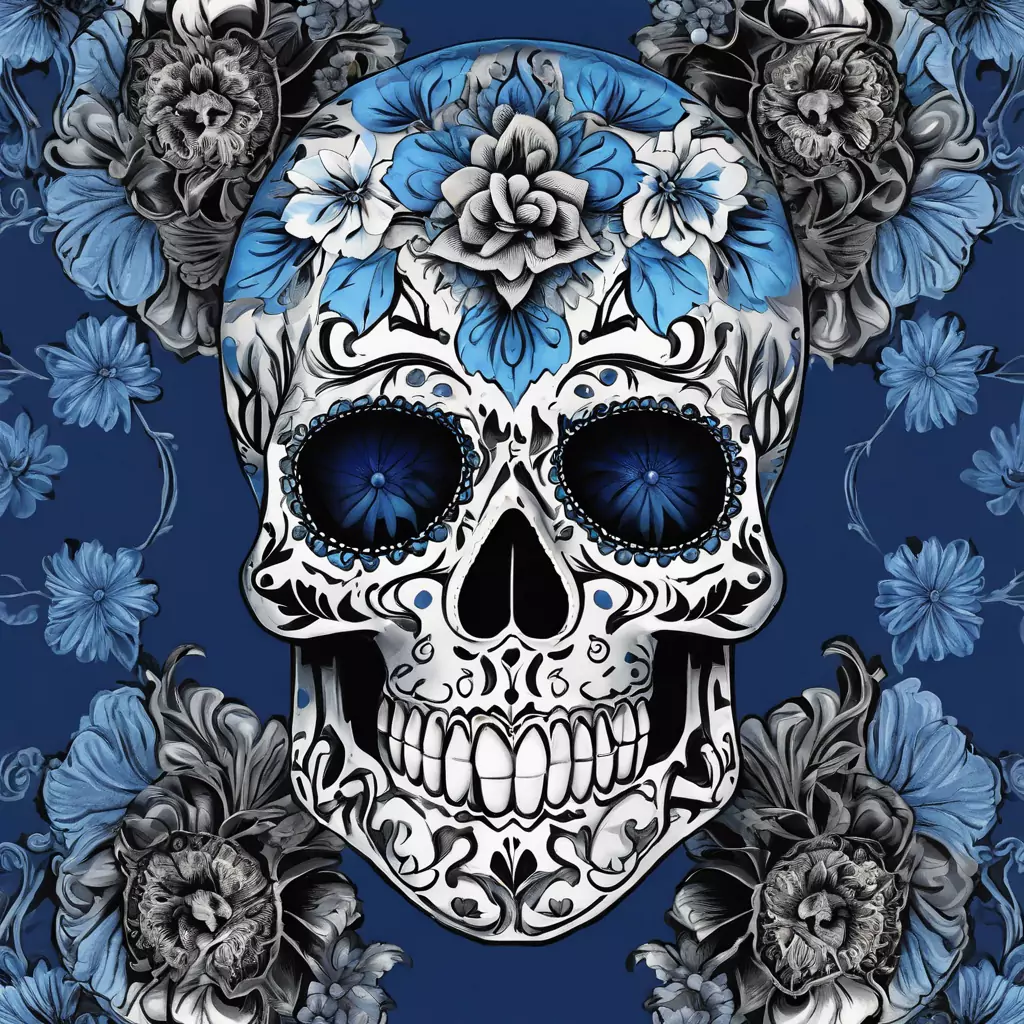 A Blue And White Skull With Flowers On A Blue Background