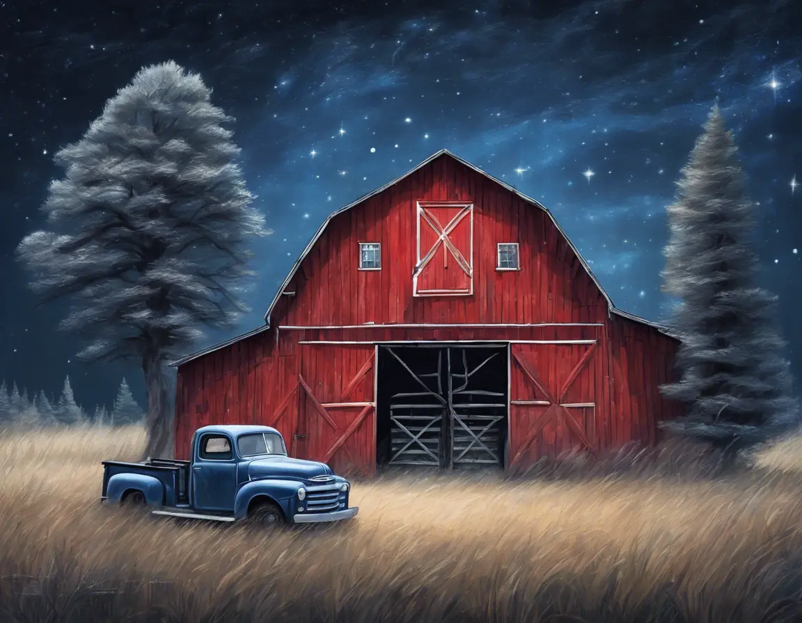 A Painting Of A Red Barn And A Blue Truck