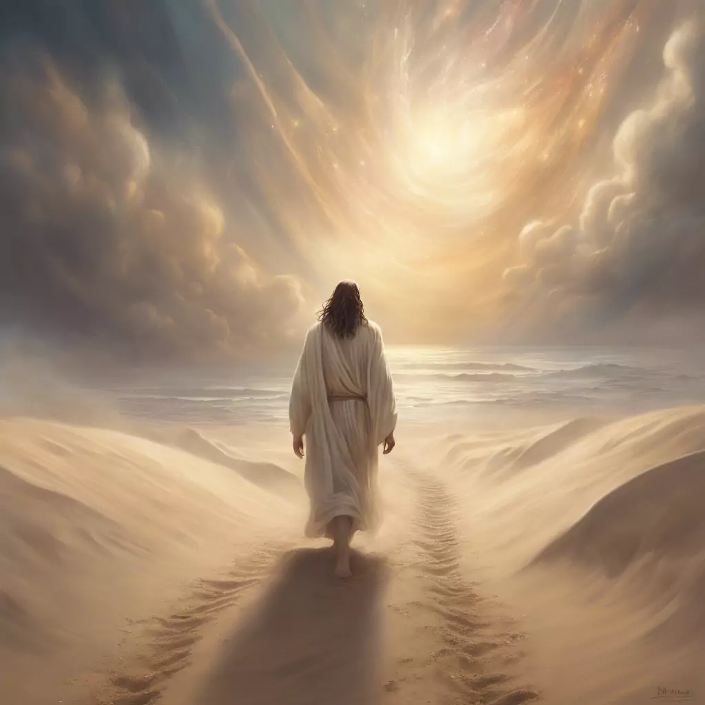 A Painting Of Jesus Walking Through A Desert