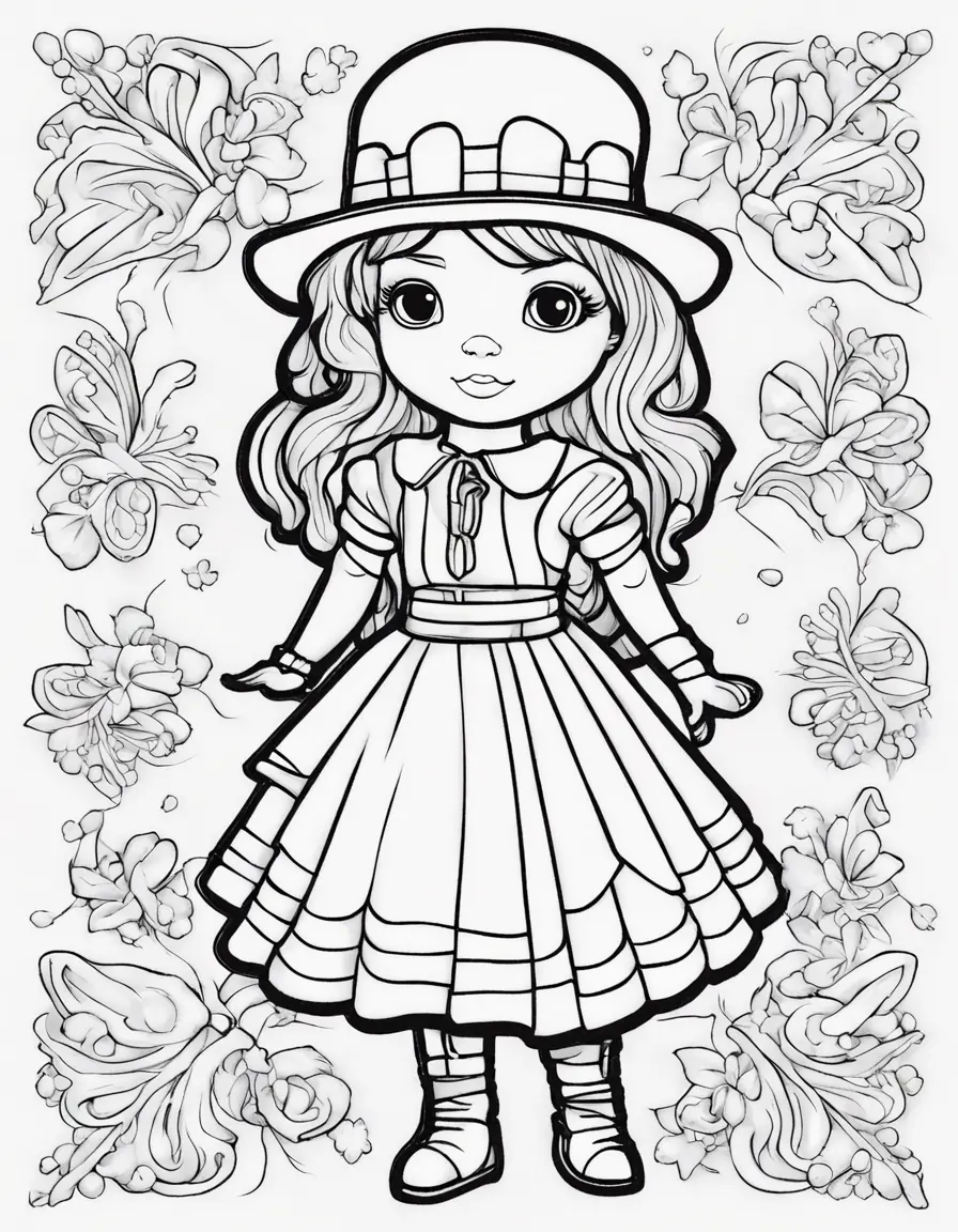 A Coloring Page With A Girl In A Dress And Hat