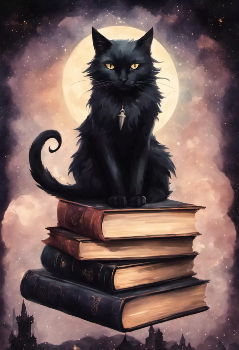 A Black Cat Sitting On Top Of A Stack Of Books
