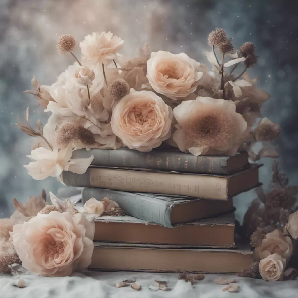A Stack Of Books With Flowers On Top Of Them