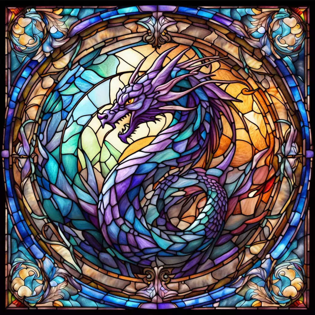 A Stained Glass Window With A Dragon On It