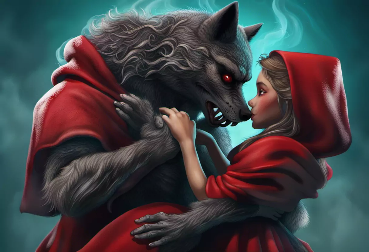 A Painting Of A Woman Hugging A Wolf