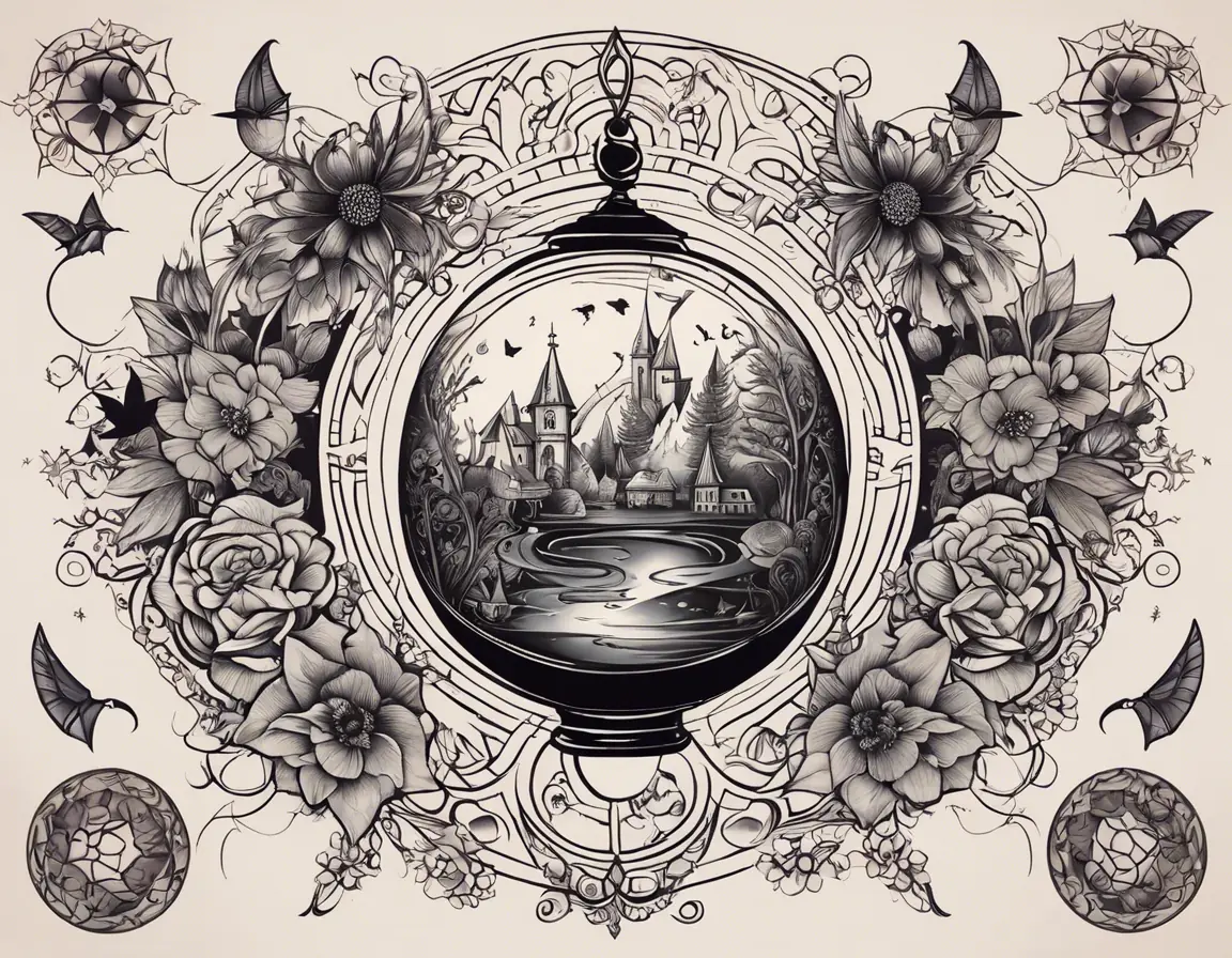 A Black And White Drawing Of A Vase With Flowers Around It